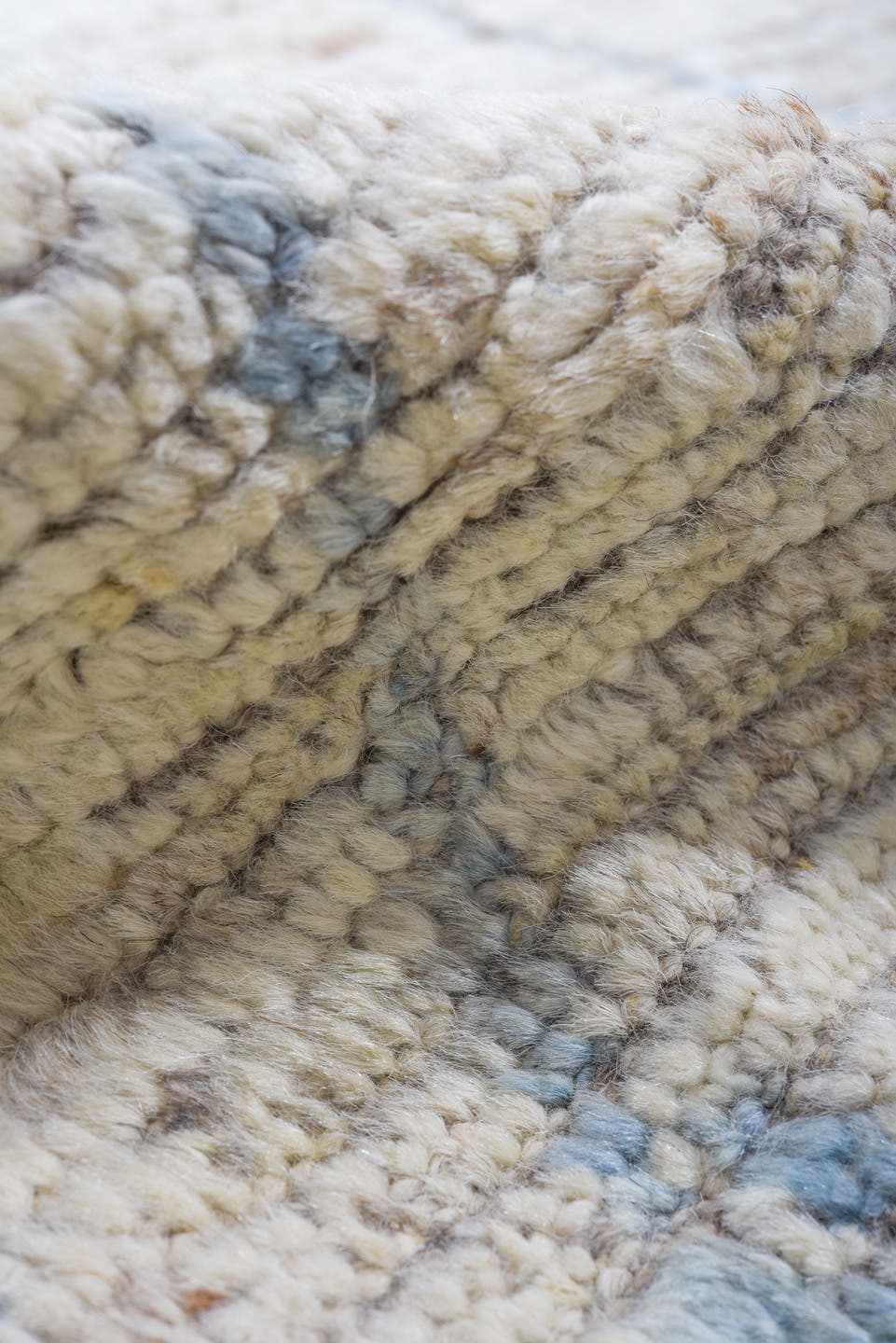 9' x 12' one-of-a-kind handmade vintage Tulu large size rug. Color palette: ivory, sky blue, taupe, cream, pale gray