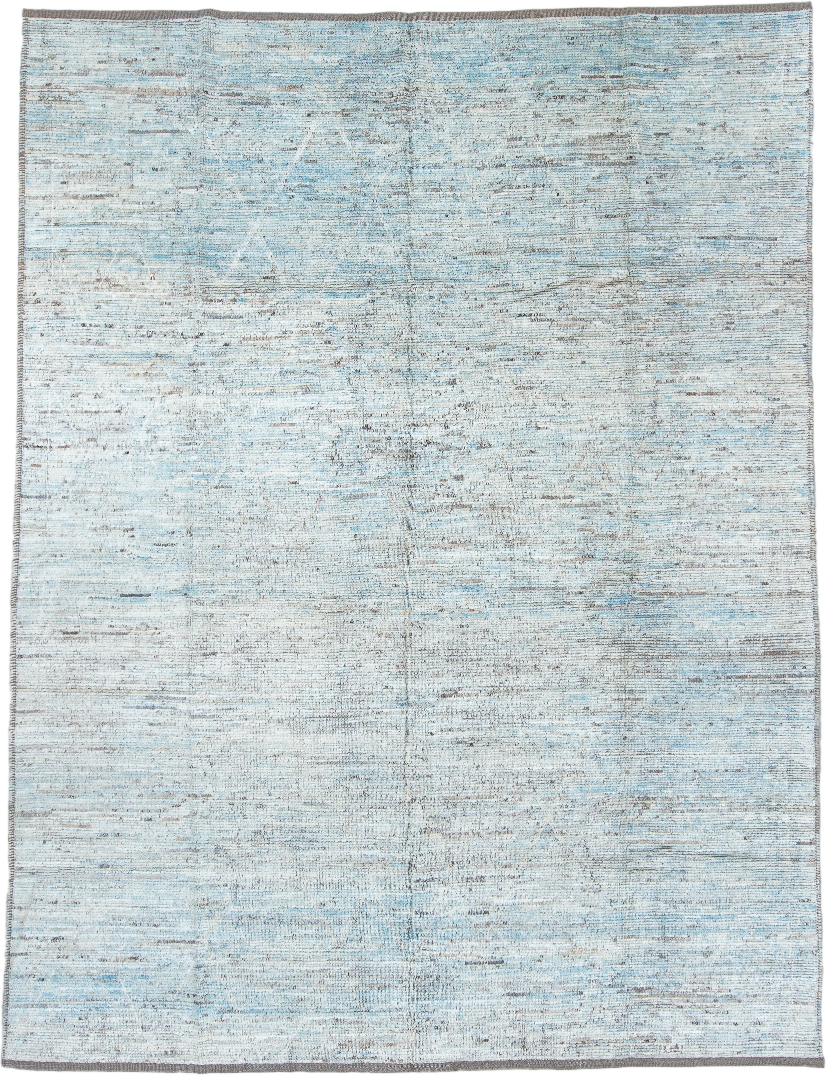 9' x 12' one-of-a-kind handmade vintage Tulu large size rug. Color palette: ivory, pale blue, sky blue, taupe, gray