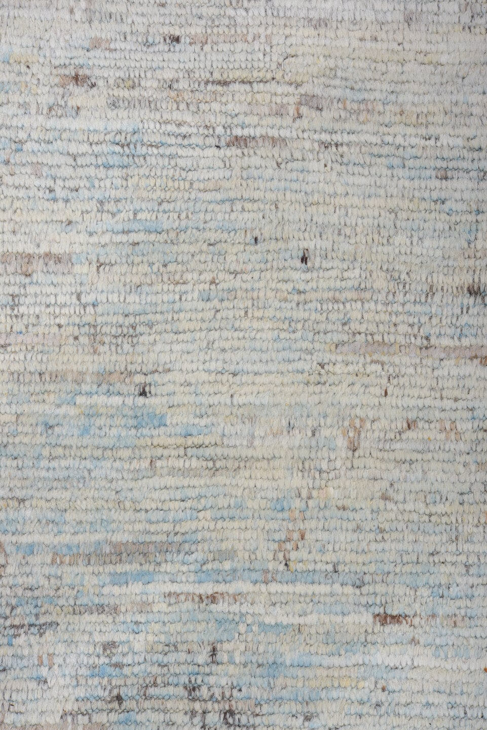 9' x 12' one-of-a-kind handmade vintage Tulu large size rug. Color palette: ivory, pale blue, sky blue, taupe, gray