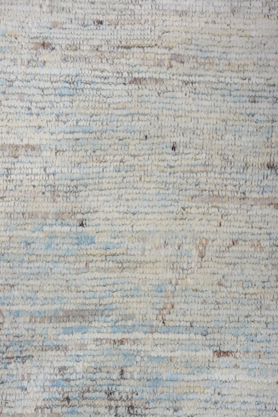 9' x 12' one-of-a-kind handmade vintage Tulu large size rug. Color palette: ivory, pale blue, sky blue, taupe, gray