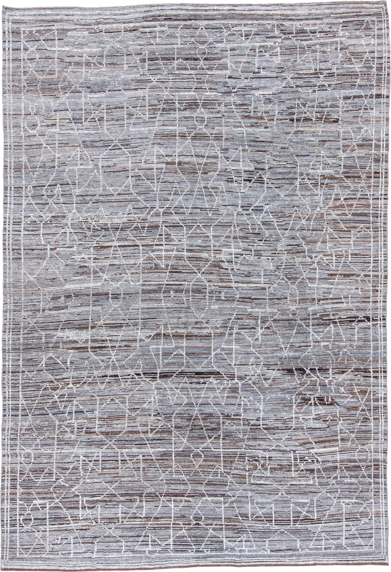 9' x 12' one-of-a-kind handmade vintage Tulu large size rug. Color palette: taupe, gray, ivory, brown, charcoal, beige