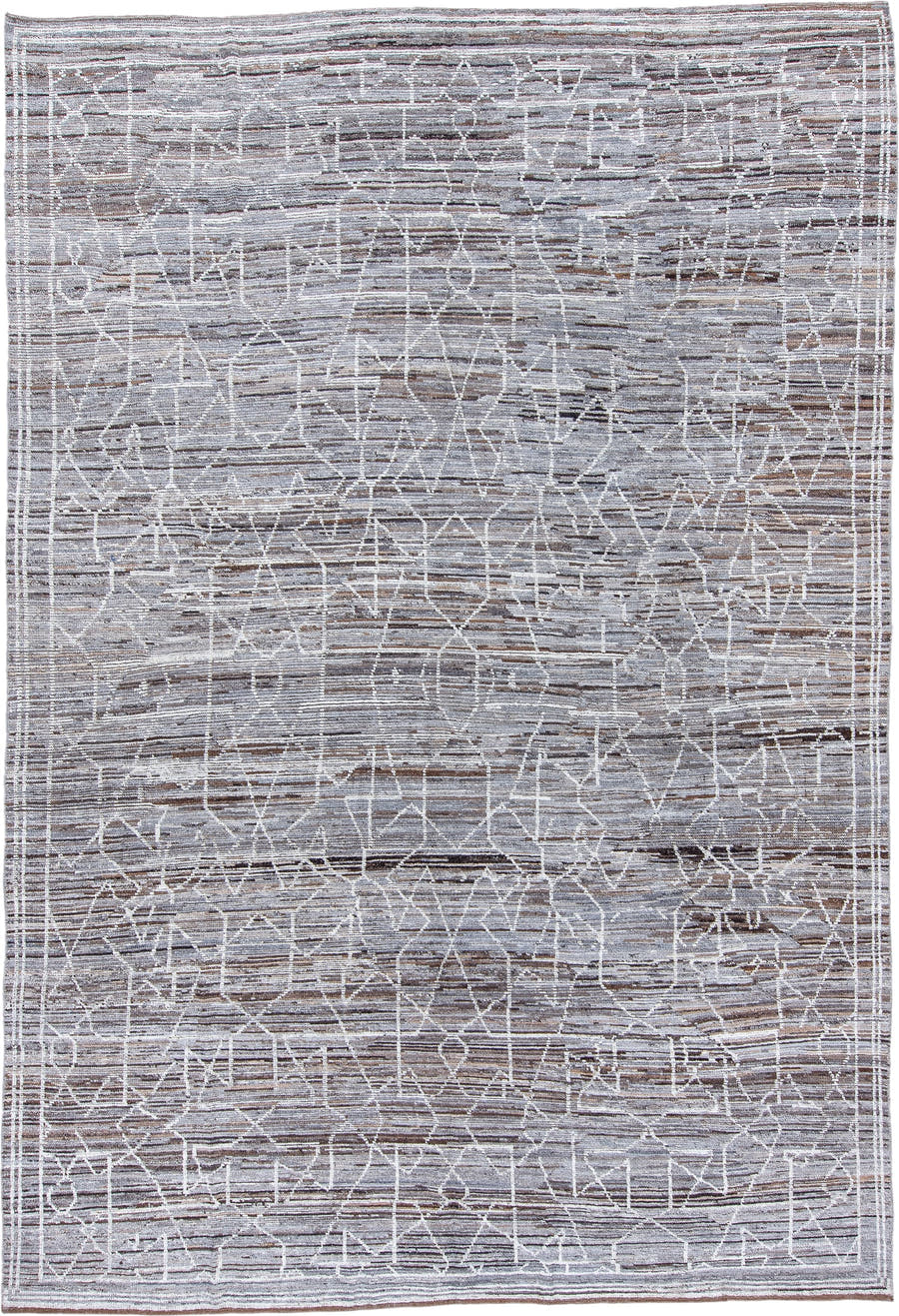 9' x 12' one-of-a-kind handmade vintage Tulu large size rug. Color palette: taupe, gray, ivory, brown, charcoal, beige