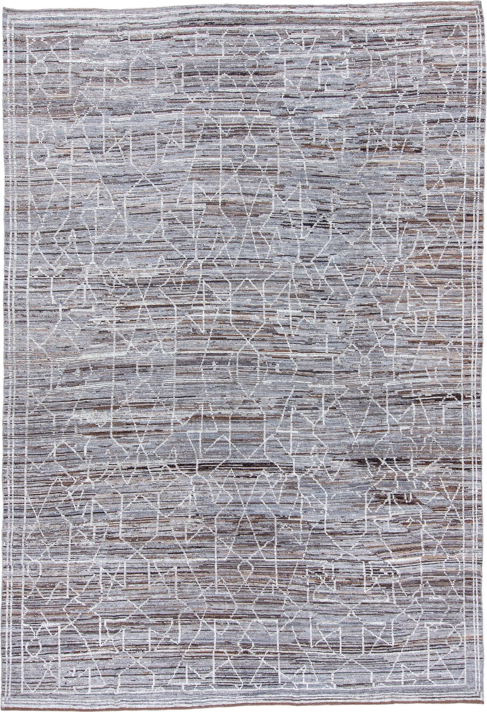 9' x 12' one-of-a-kind handmade vintage Tulu large size rug. Color palette: taupe, gray, ivory, brown, charcoal, beige