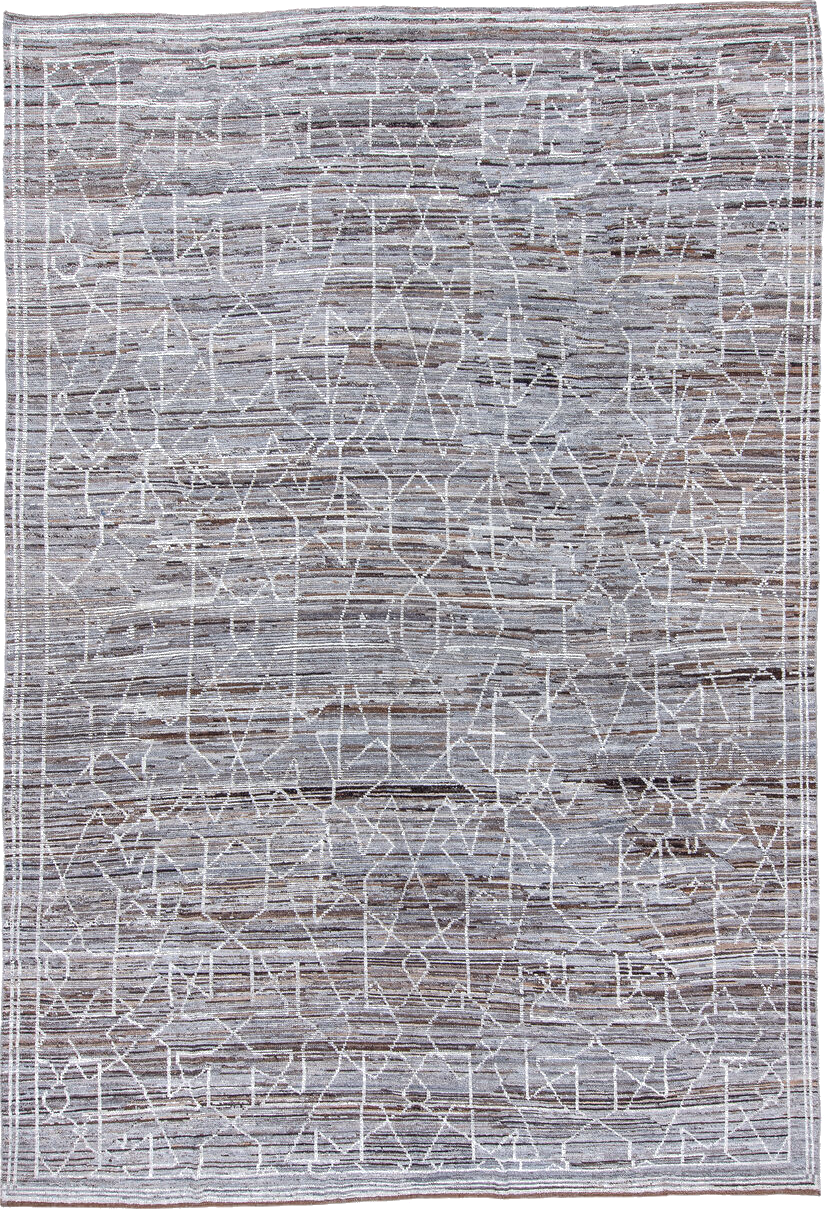 9' x 12' one-of-a-kind handmade vintage Tulu large size rug. Color palette: blue, gainsboro, gray, light blue, light gray