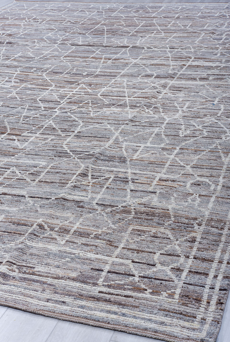 9' x 12' one-of-a-kind handmade vintage Tulu large size rug. Color palette: blue, gainsboro, gray, light blue, light gray