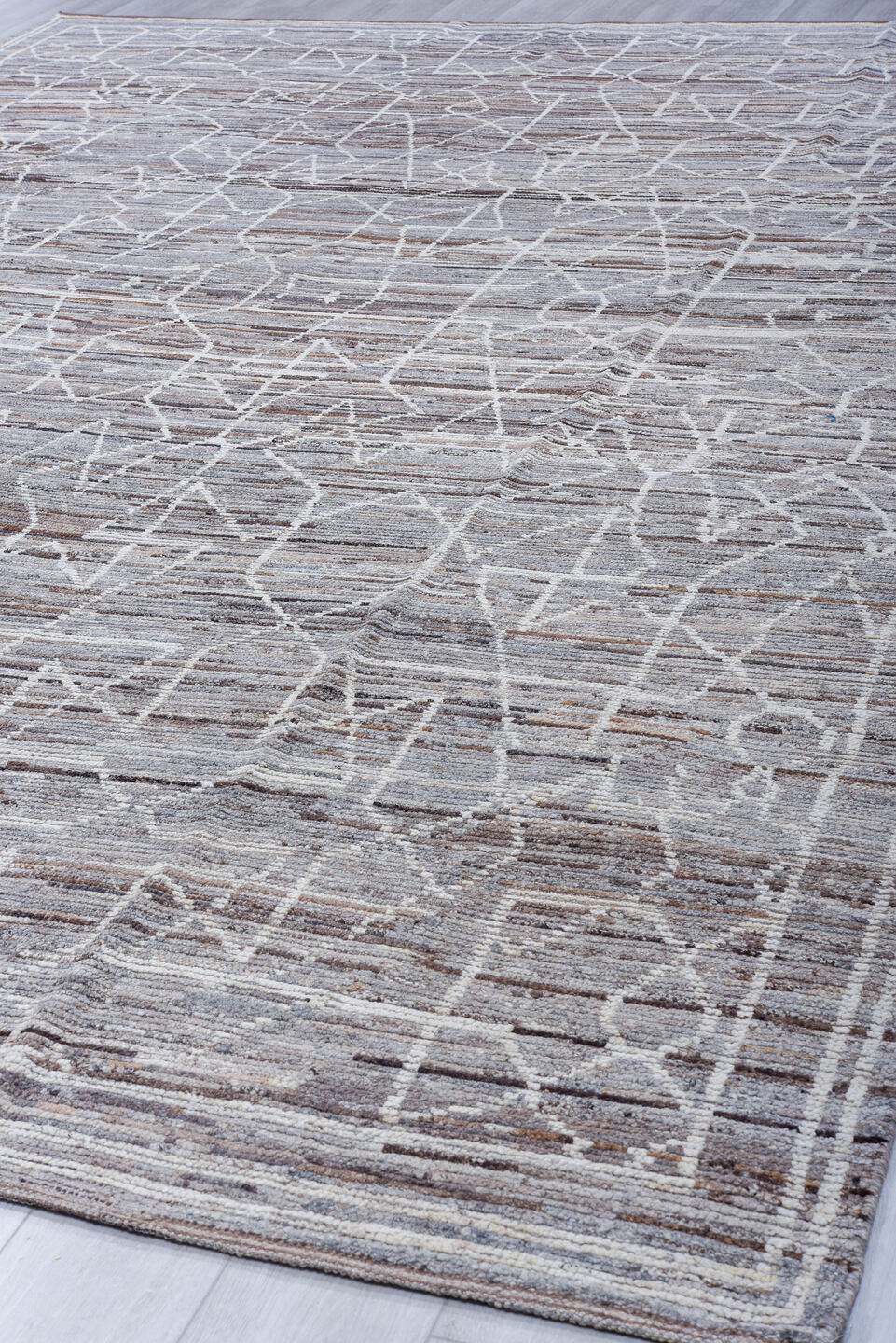 9' x 12' one-of-a-kind handmade vintage Tulu large size rug. Color palette: taupe, gray, ivory, brown, charcoal, beige