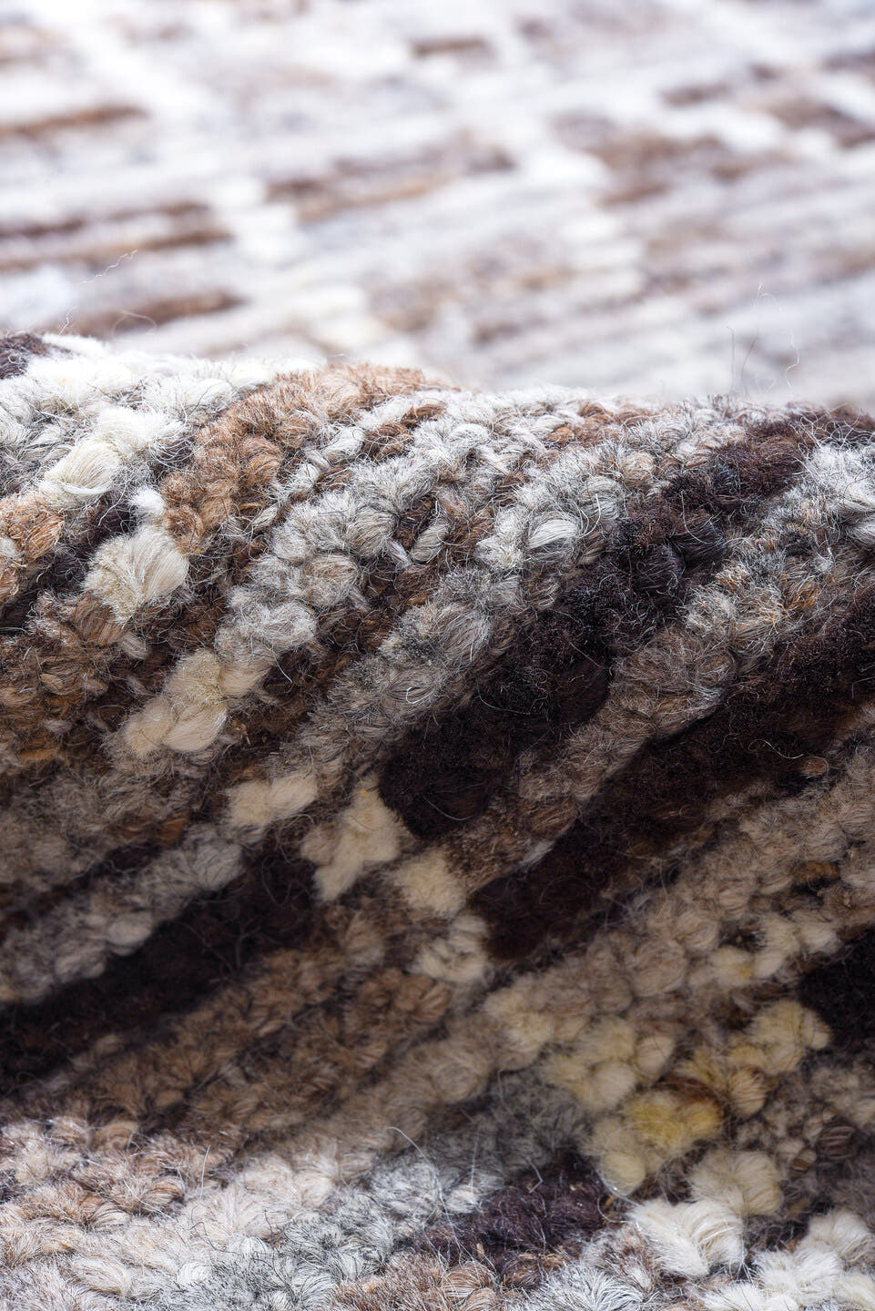 9' x 12' one-of-a-kind handmade vintage Tulu large size rug. Color palette: taupe, gray, ivory, brown, charcoal, beige