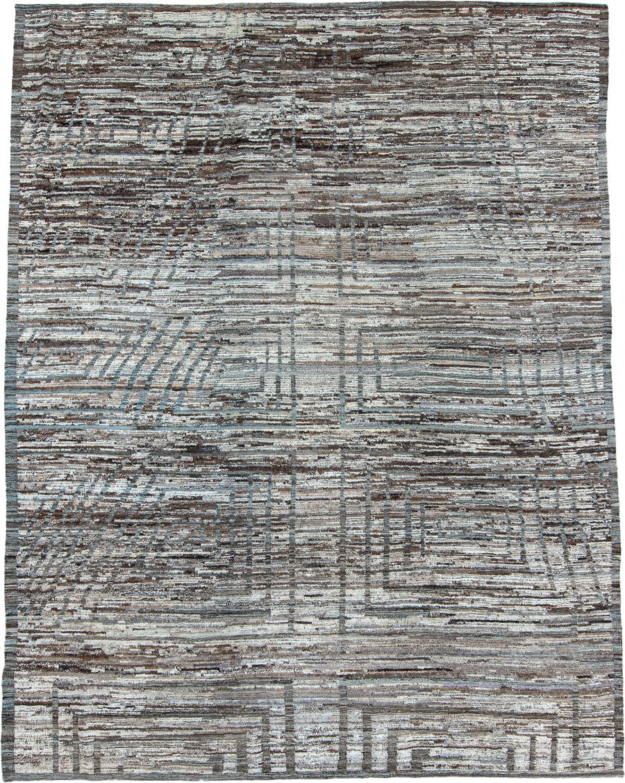 9' x 14' one-of-a-kind handmade vintage Tulu large size rug. Color palette: ivory, taupe, brown, gray, charcoal, beige