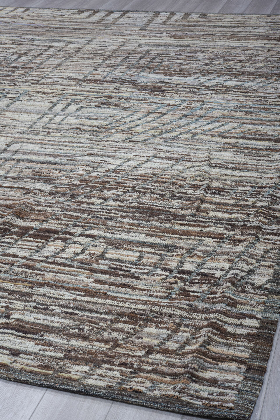 9' x 14' one-of-a-kind handmade vintage Tulu large size rug. Color palette: ivory, taupe, brown, gray, charcoal, beige