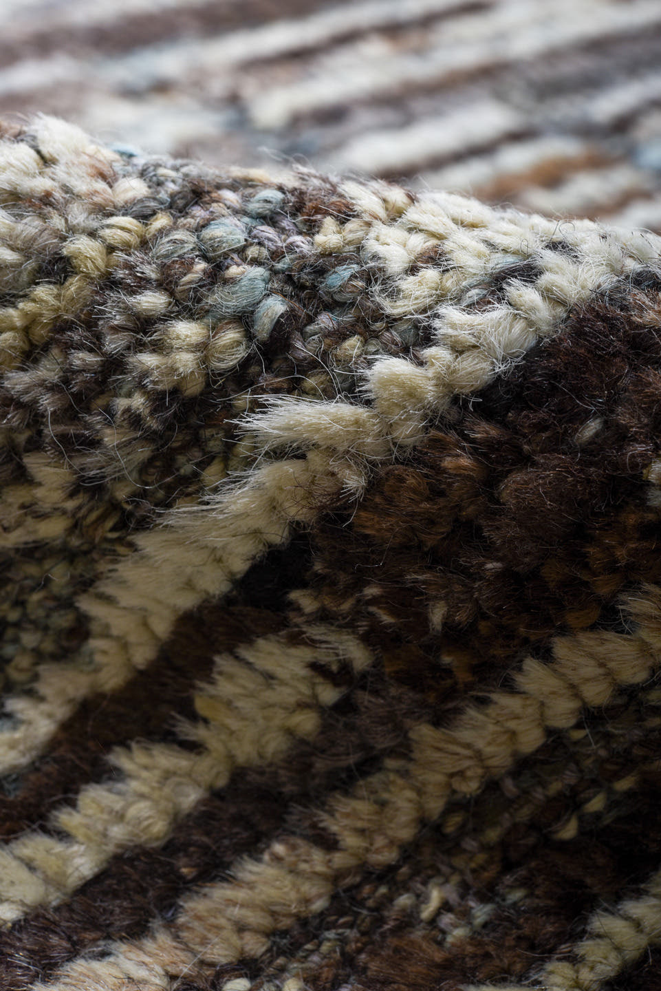 9' x 14' one-of-a-kind handmade vintage Tulu large size rug. Color palette: ivory, taupe, brown, gray, charcoal, beige