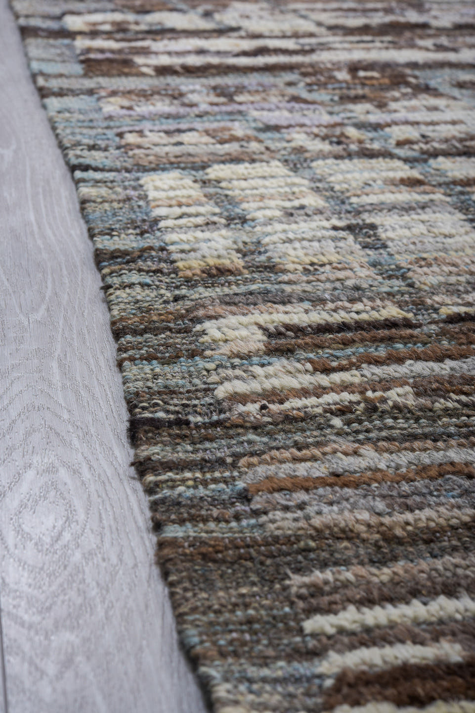 9' x 14' one-of-a-kind handmade vintage Tulu large size rug. Color palette: ivory, taupe, brown, gray, charcoal, beige