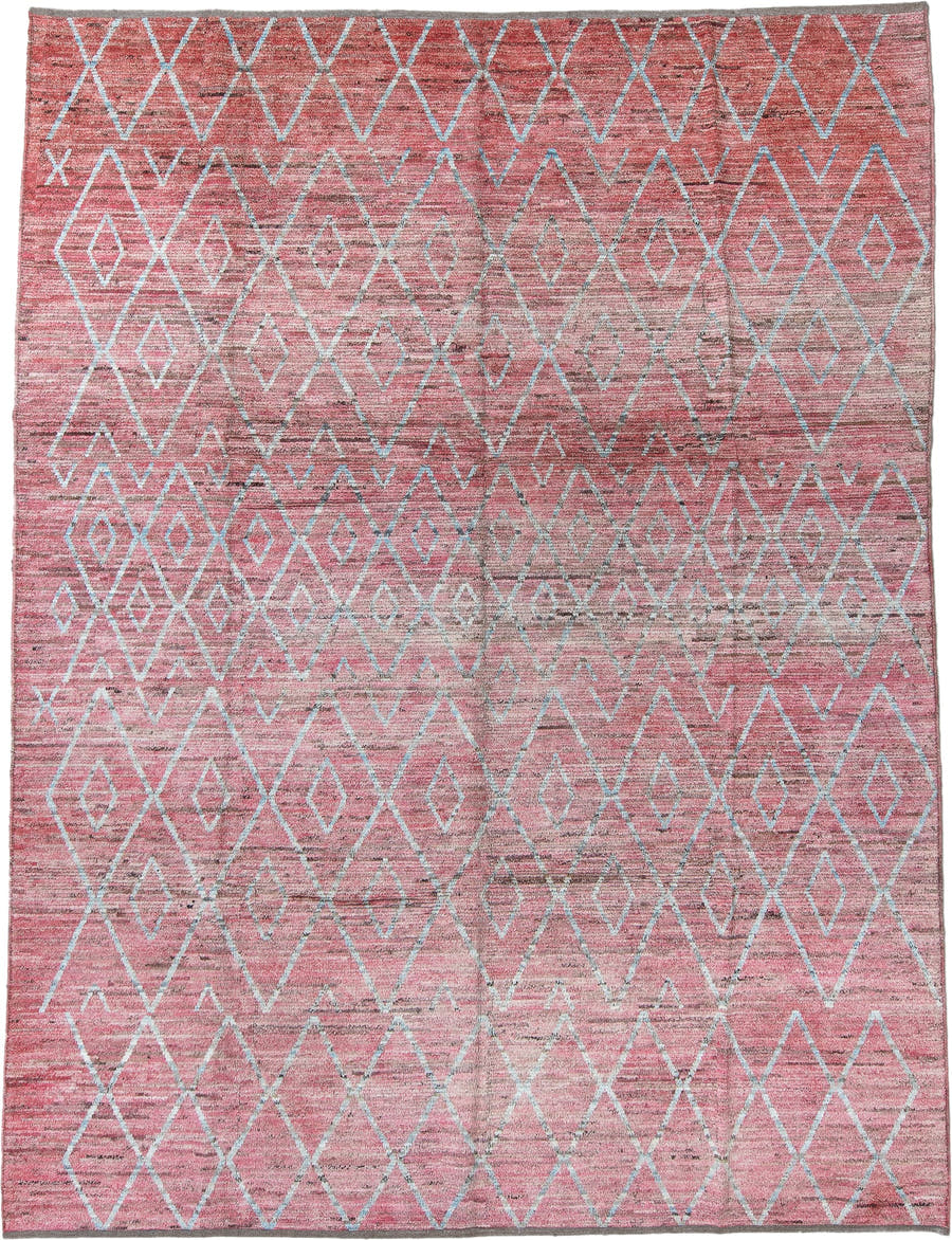 9' x 12' one-of-a-kind handmade vintage Tulu large size rug. Color palette: rose, ivory, blush, taupe, charcoal, pink, red