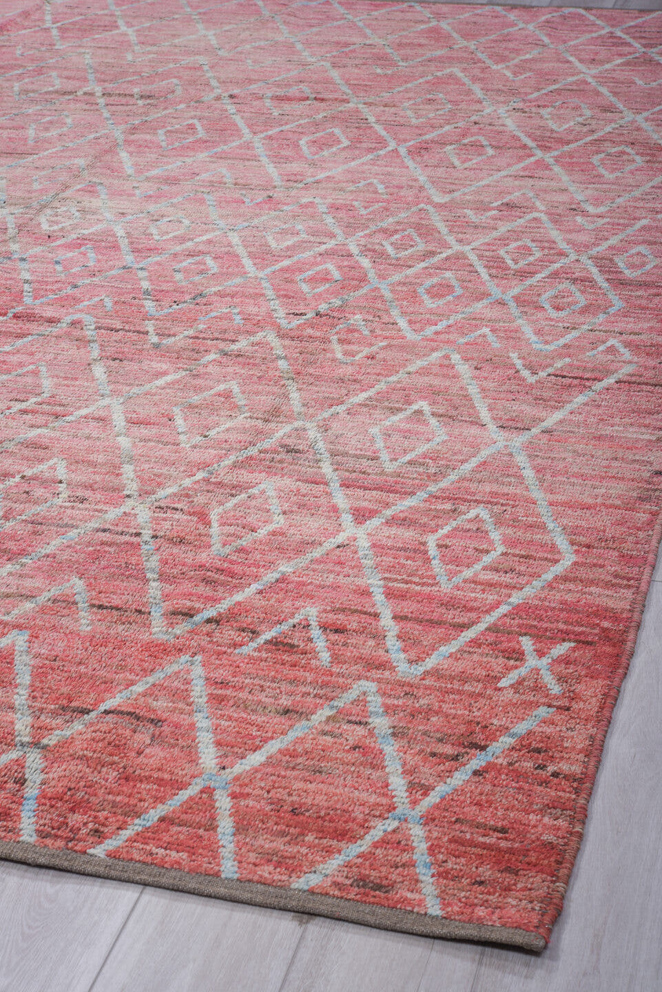9' x 12' one-of-a-kind handmade vintage Tulu large size rug. Color palette: rose, ivory, blush, taupe, charcoal, pink, red
