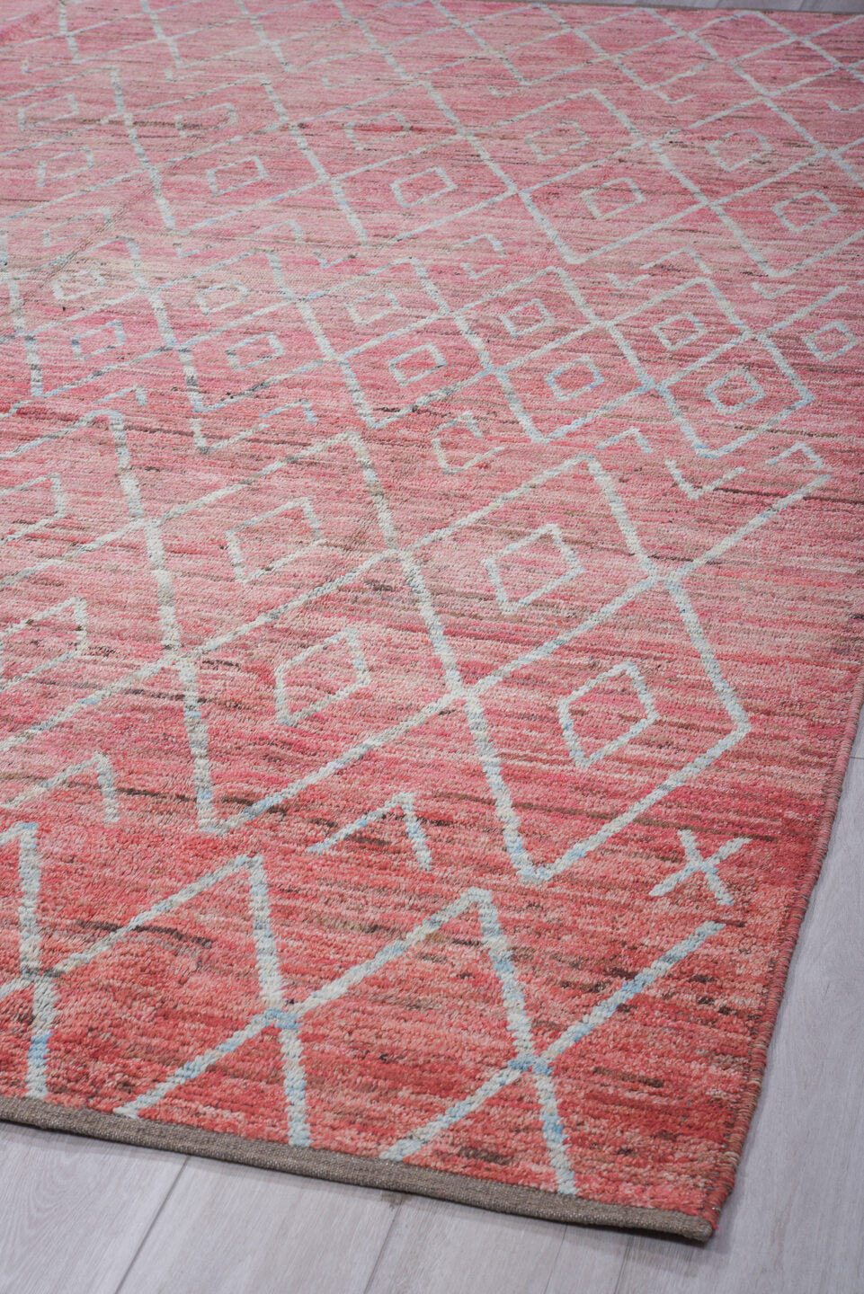 9' x 12' one-of-a-kind handmade vintage Tulu large size rug. Color palette: rose, ivory, blush, taupe, charcoal, pink, red