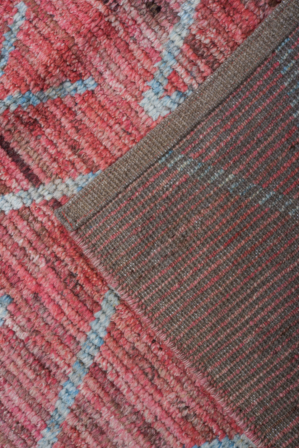 9' x 12' one-of-a-kind handmade vintage Tulu large size rug. Color palette: rose, ivory, blush, taupe, charcoal, pink, red