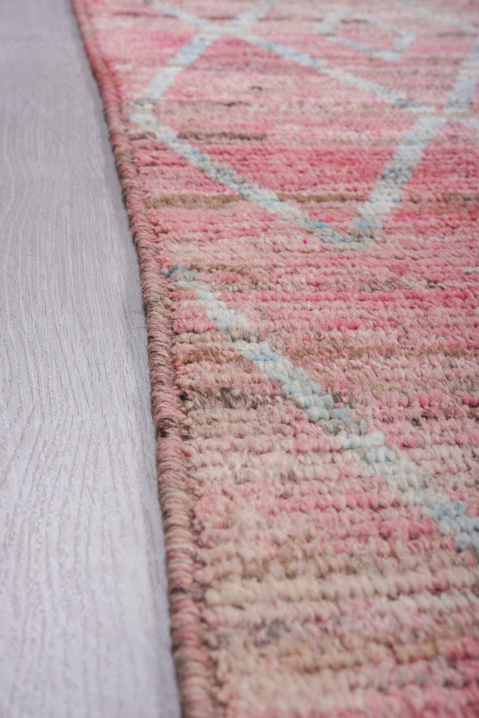 9' x 12' one-of-a-kind handmade vintage Tulu large size rug. Color palette: rose, ivory, blush, taupe, charcoal, pink, red
