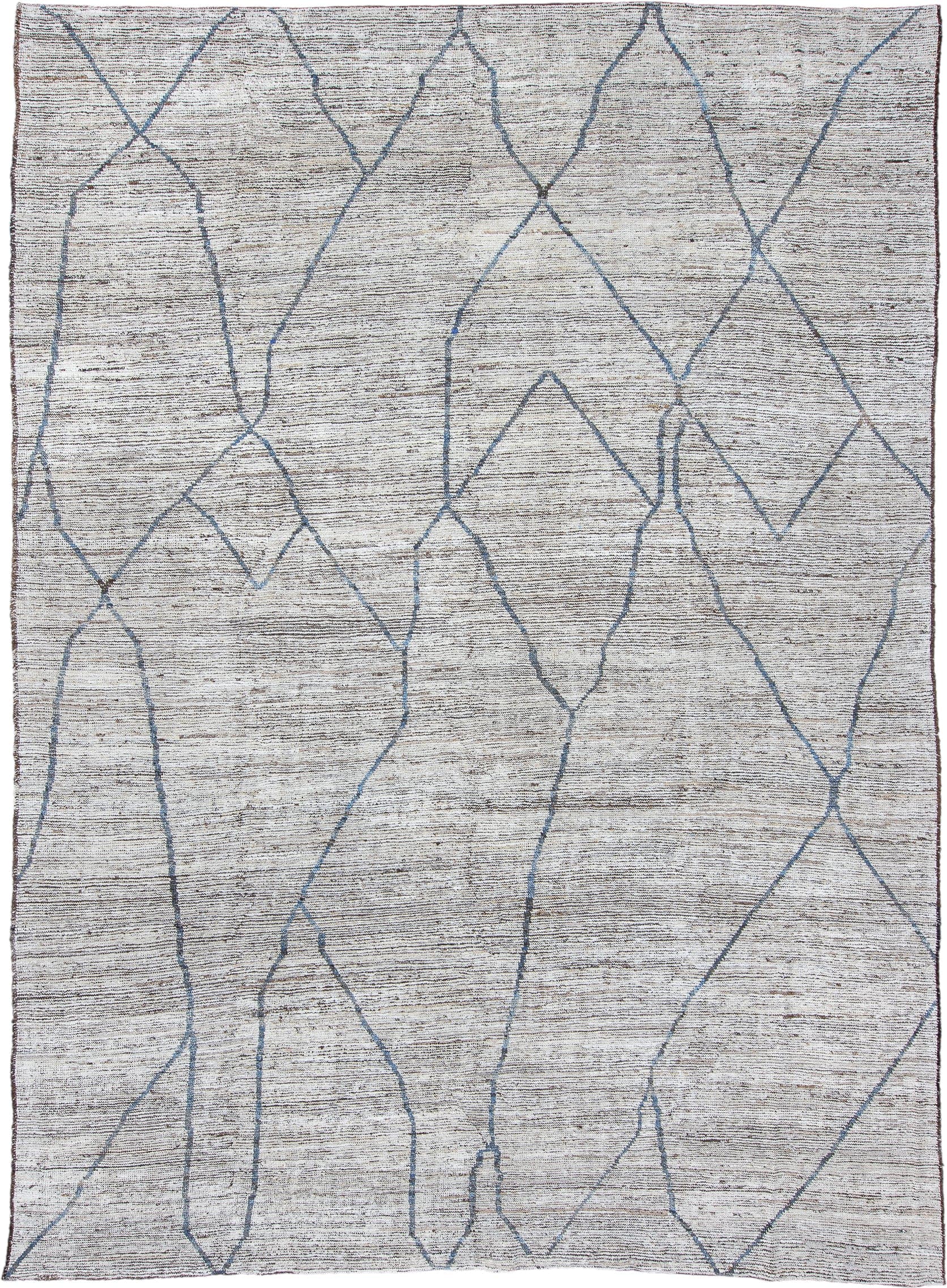 19' x 16' one-of-a-kind handmade vintage Tulu oversize rug. Color palette: ivory, blue, taupe, gray, beige
