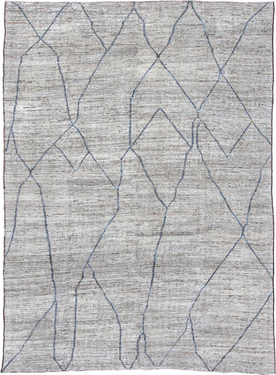 19' x 16' one-of-a-kind handmade vintage Tulu oversize rug. Color palette: ivory, blue, taupe, gray, beige