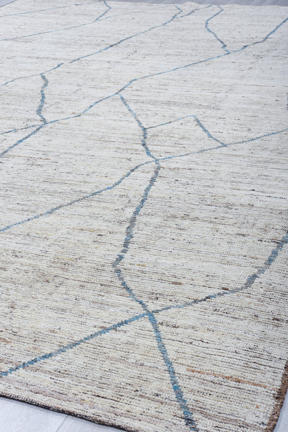 19' x 16' one-of-a-kind handmade vintage Tulu oversize rug. Color palette: ivory, blue, taupe, gray, beige