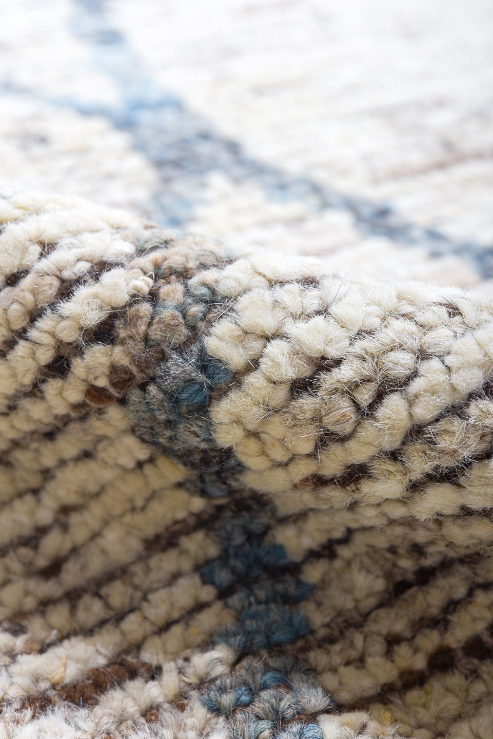 19' x 16' one-of-a-kind handmade vintage Tulu oversize rug. Color palette: ivory, blue, taupe, gray, beige