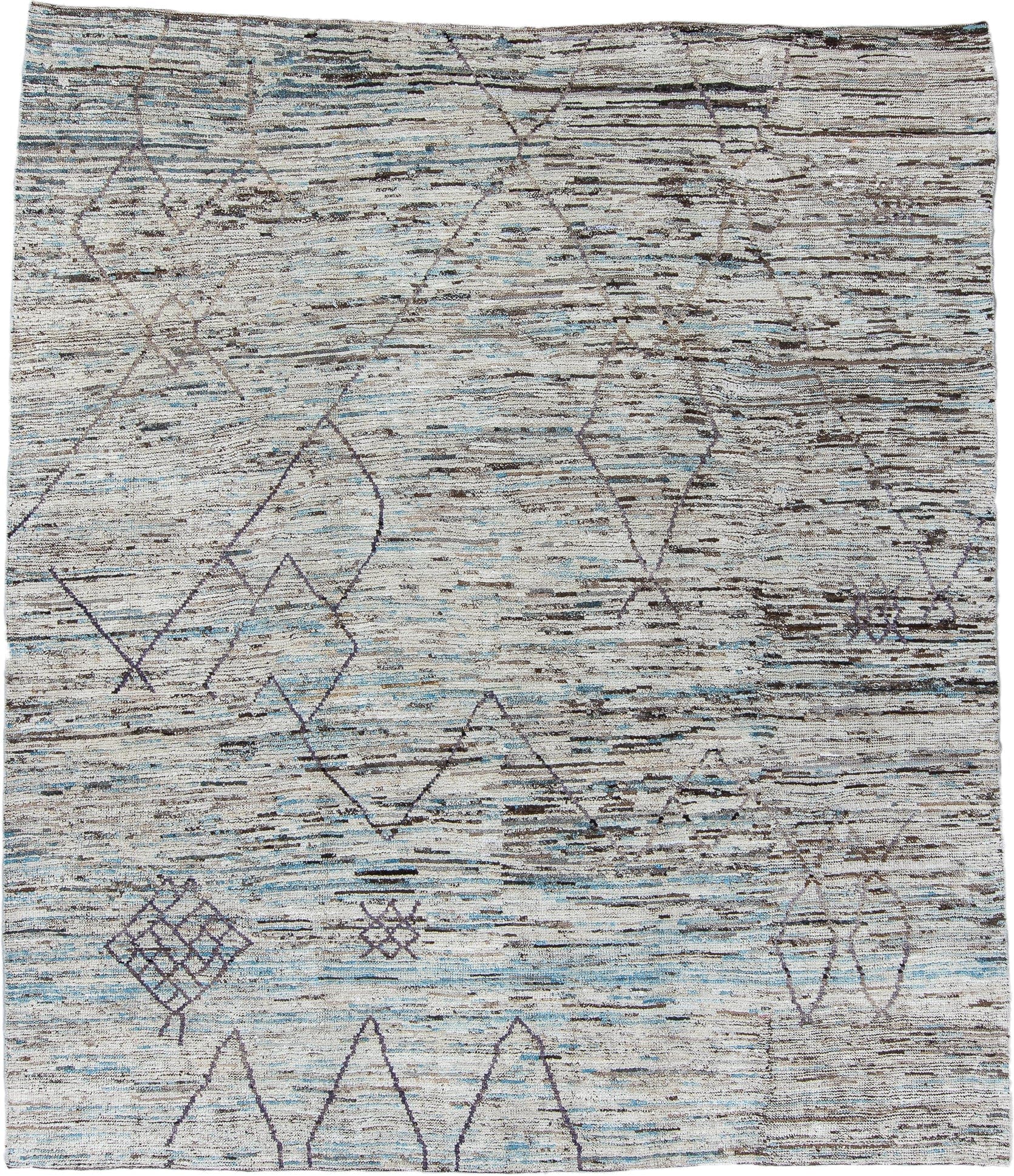 10' x 13' one-of-a-kind handmade vintage Tulu large size rug. Color palette: ivory, brown, charcoal, sky blue, taupe, gray