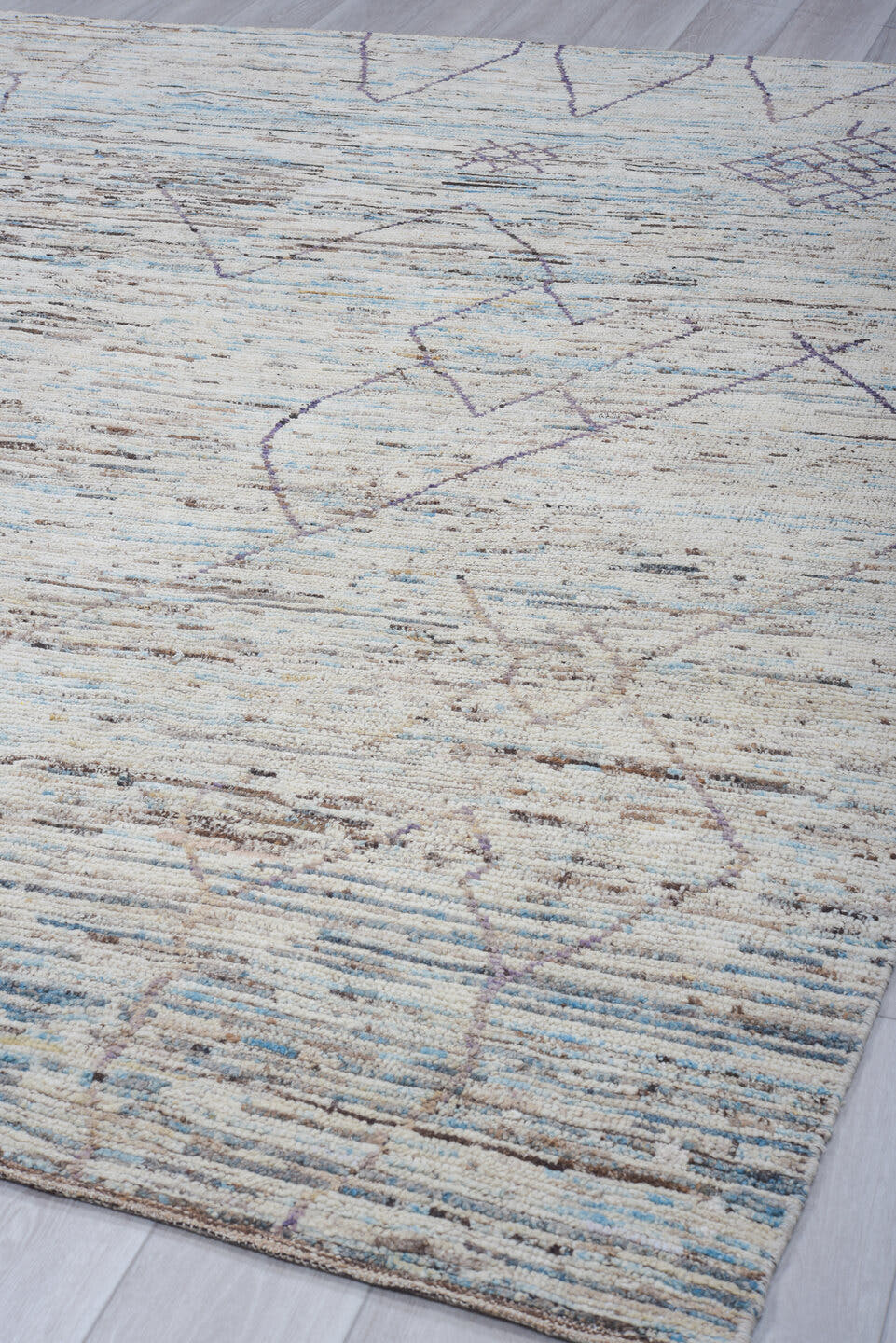 10' x 13' one-of-a-kind handmade vintage Tulu large size rug. Color palette: ivory, brown, charcoal, sky blue, taupe, gray