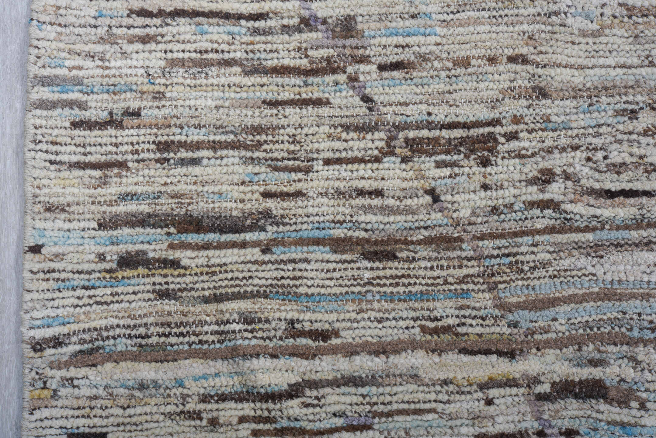10' x 13' one-of-a-kind handmade vintage Tulu large size rug. Color palette: ivory, brown, charcoal, sky blue, taupe, gray