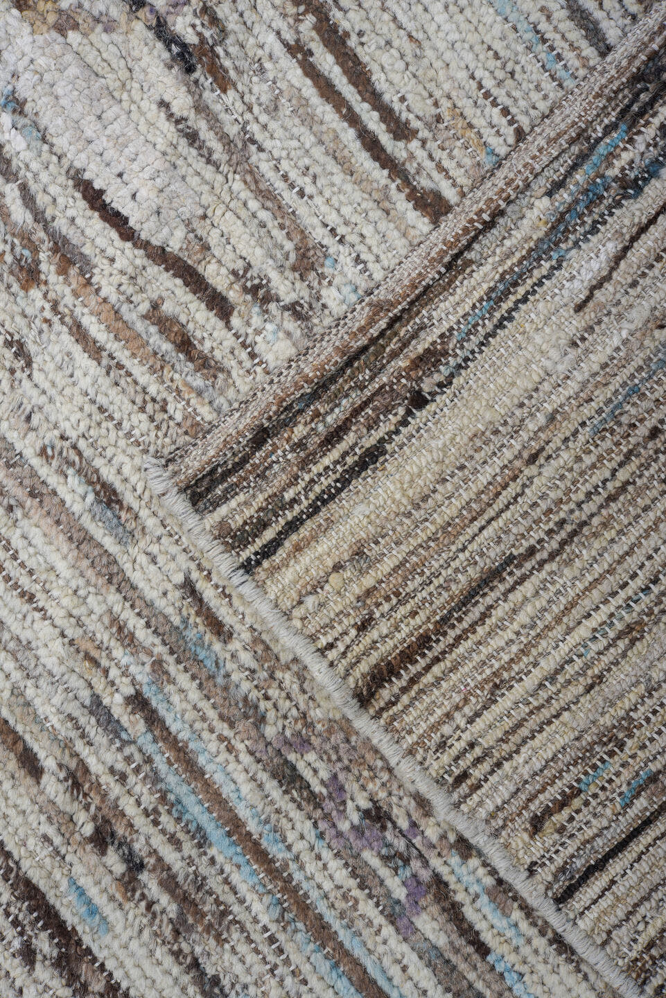 10' x 13' one-of-a-kind handmade vintage Tulu large size rug. Color palette: ivory, brown, charcoal, sky blue, taupe, gray