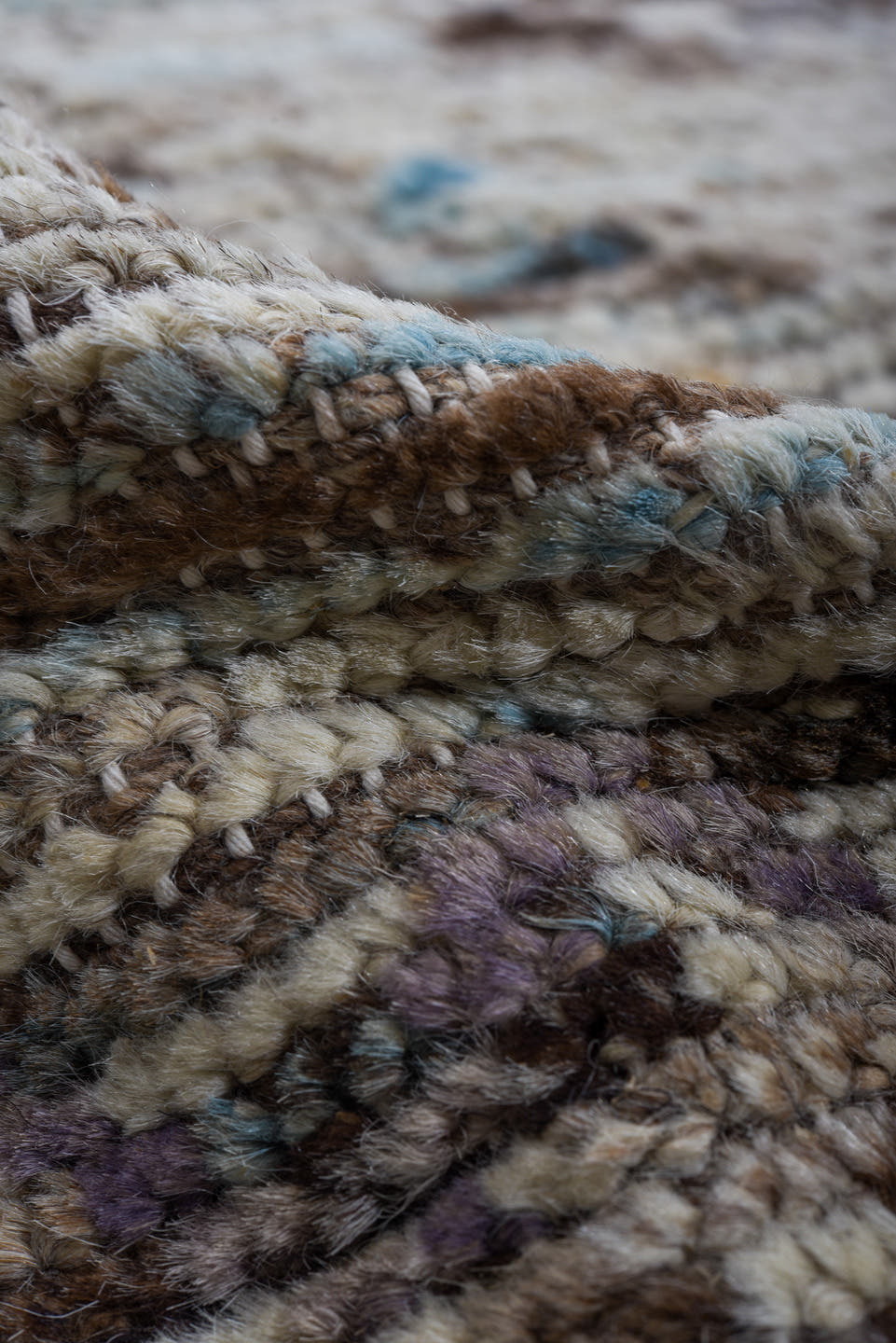 10' x 13' one-of-a-kind handmade vintage Tulu large size rug. Color palette: ivory, brown, charcoal, sky blue, taupe, gray
