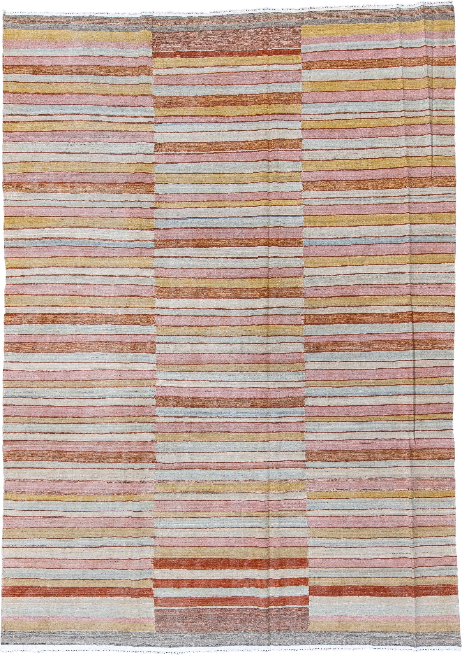 8' x 12' one-of-a-kind handmade vintage Kilim large size rug. Color palette: ivory, blush, rust, gold, pale_blue