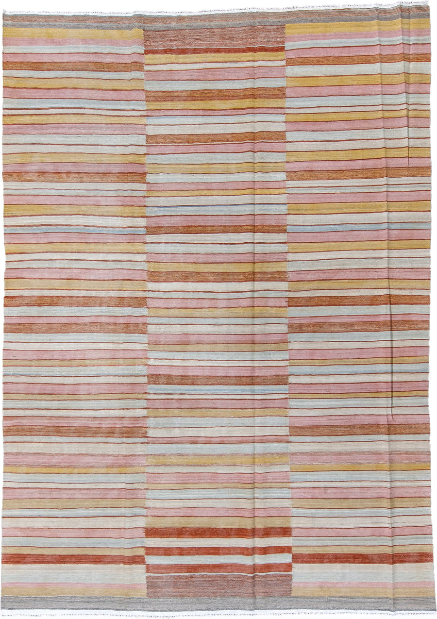 8' x 12' one-of-a-kind handmade vintage Kilim large size rug. Color palette: ivory, blush, rust, gold, pale_blue