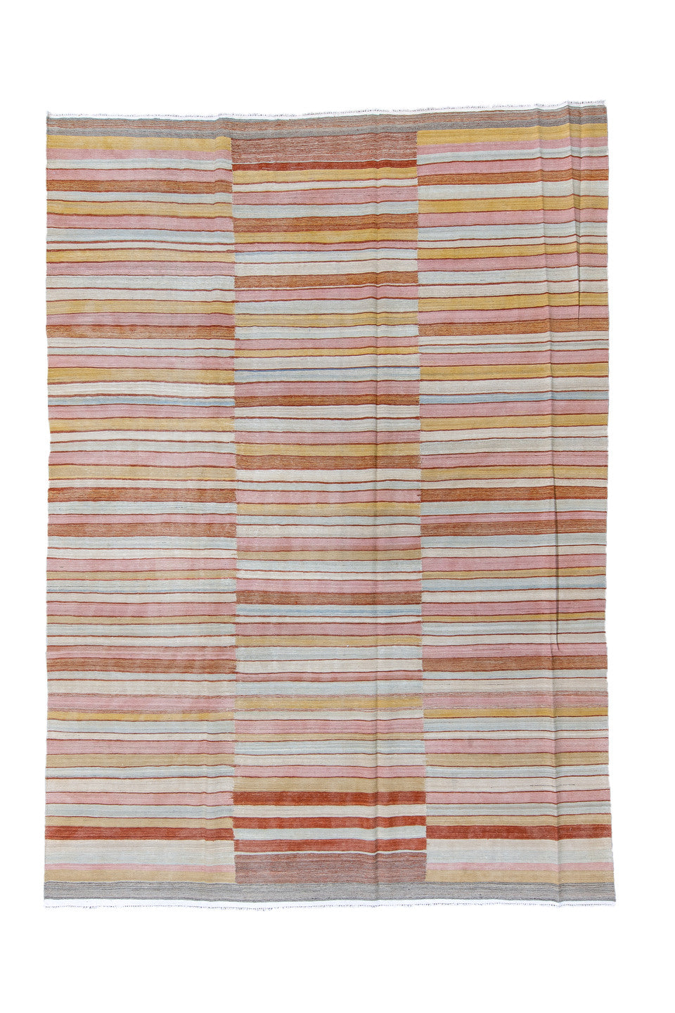 8' x 9' one-of-a-kind handmade vintage Kilim rug. Color palette: brown, dark gray, gainsboro, gray, light gray, off-white