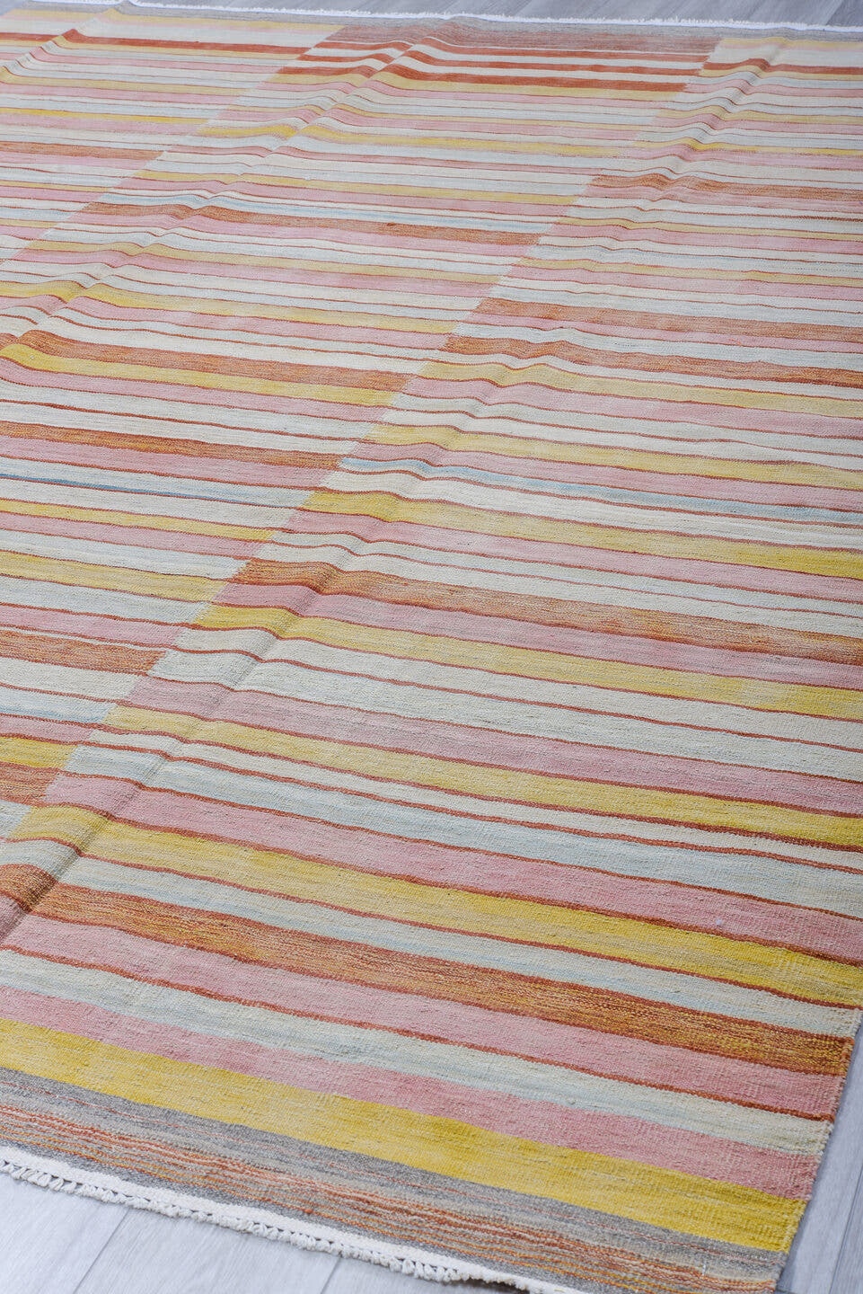 8' x 12' one-of-a-kind handmade vintage Kilim large size rug. Color palette: ivory, blush, rust, gold, pale_blue