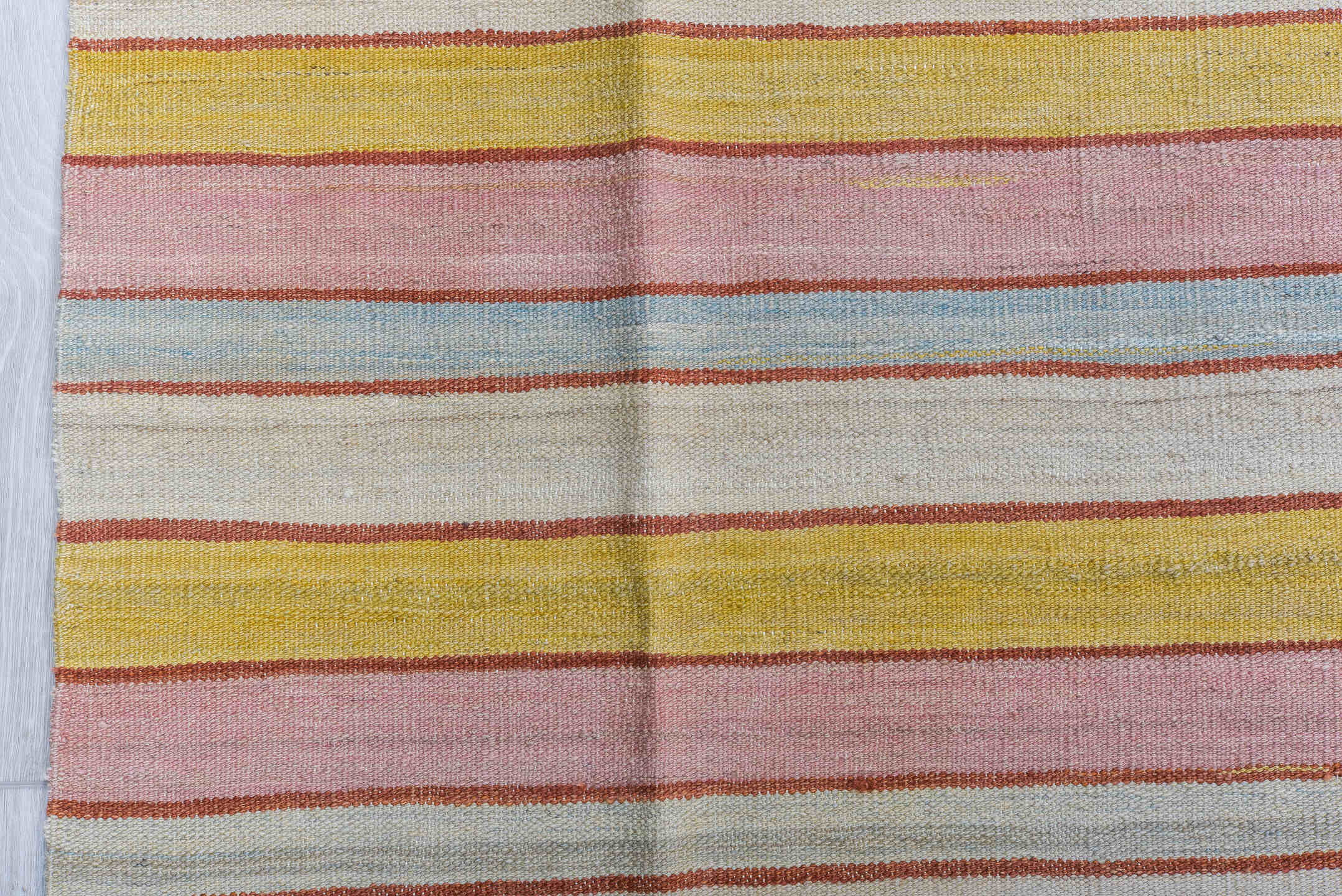 8' x 12' one-of-a-kind handmade vintage Kilim large size rug. Color palette: ivory, blush, rust, gold, pale_blue