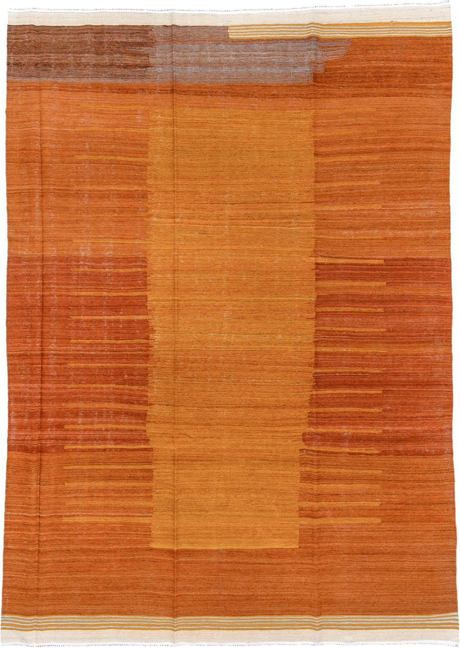8' x 12' one-of-a-kind handmade vintage Kilim large size rug. Color palette: terra cotta, ochre, rust, ivory, taupe