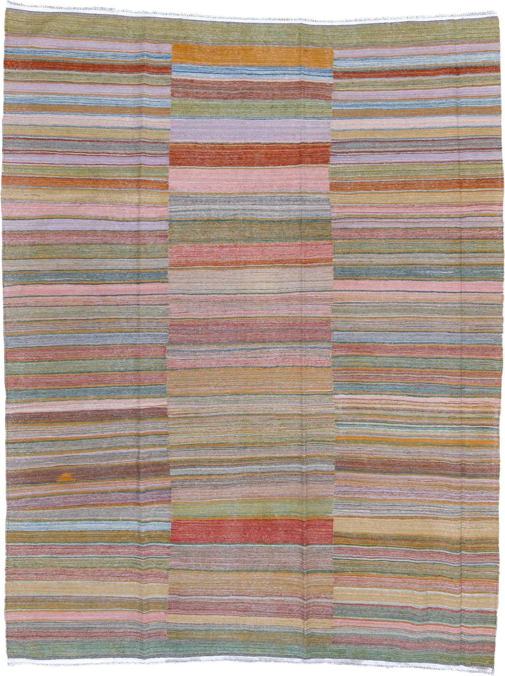 8' x 12' one-of-a-kind handmade vintage Kilim large size rug. Color palette: sage, blush, gold, sky blue, ivory, terra cotta