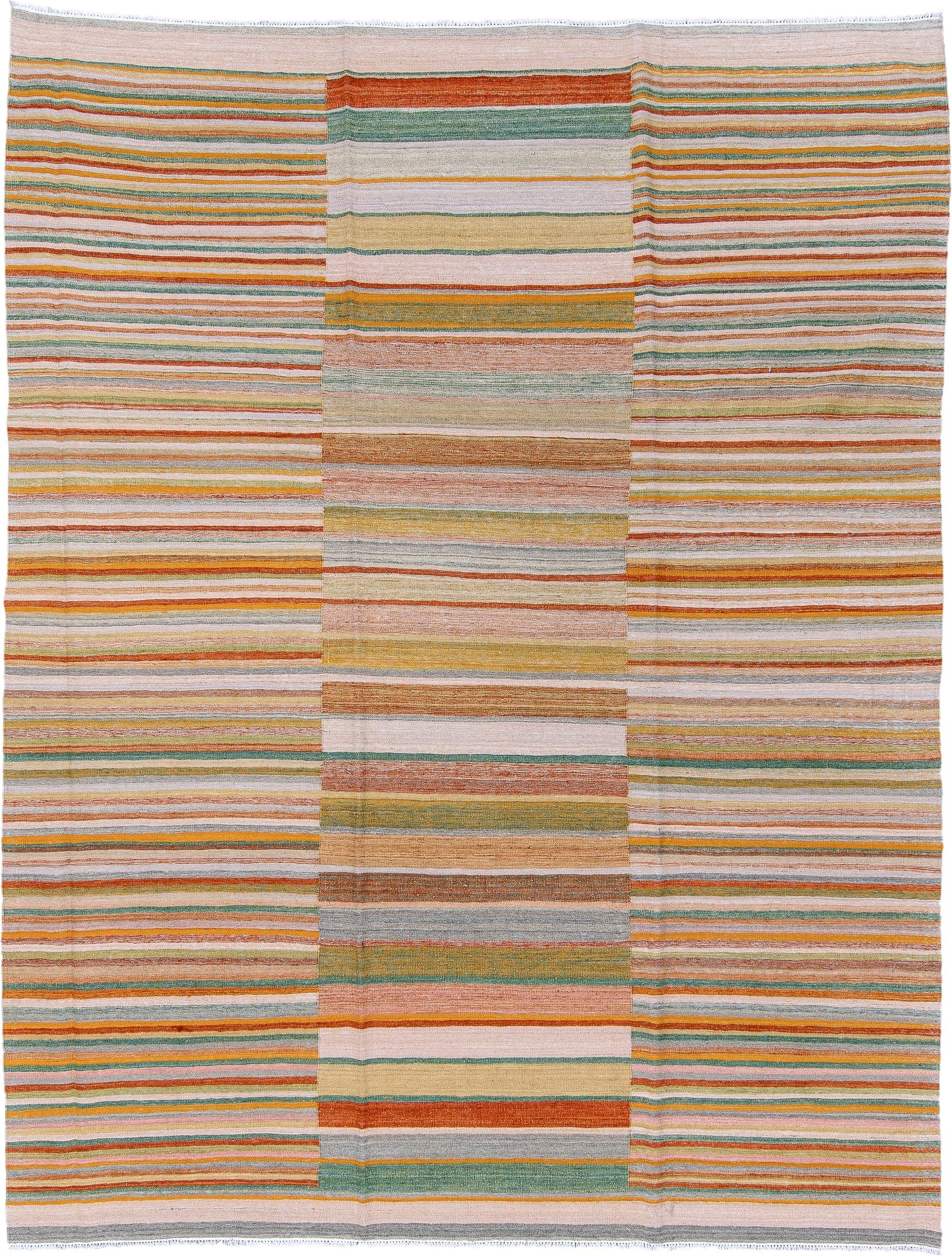 8' x 10' one-of-a-kind handmade vintage Kilim large size rug. Color palette: ivory, rust, sage, gold, taupe, terra cotta