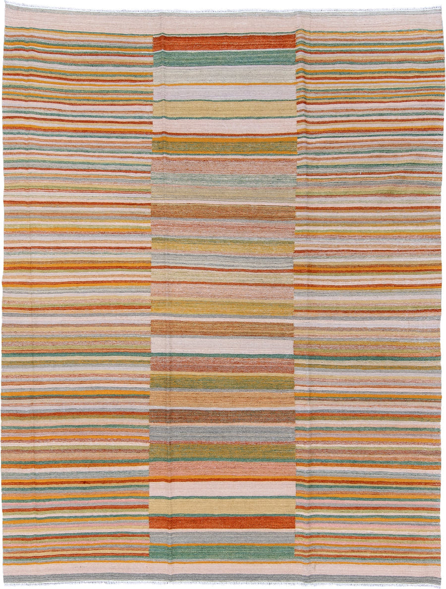 8' x 10' one-of-a-kind handmade vintage Kilim large size rug. Color palette: ivory, rust, sage, gold, taupe, terra cotta