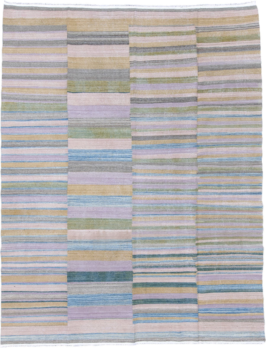 8' x 11' one-of-a-kind handmade vintage Kilim large size rug. Color palette: blush, lavender, sage, sky blue, gold, taupe