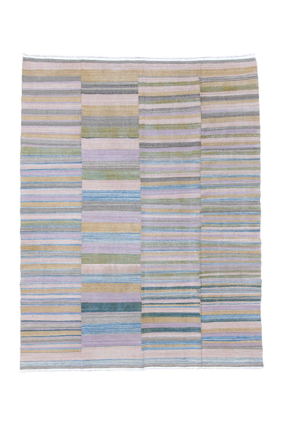 8' x 11' one-of-a-kind handmade vintage Kilim large size rug. Color palette: blue, brown, dim gray, gray, light blue