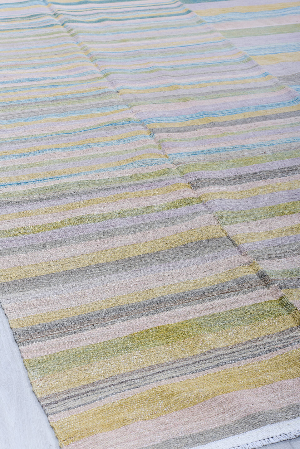 8' x 11' one-of-a-kind handmade vintage Kilim large size rug. Color palette: blush, lavender, sage, sky blue, gold, taupe