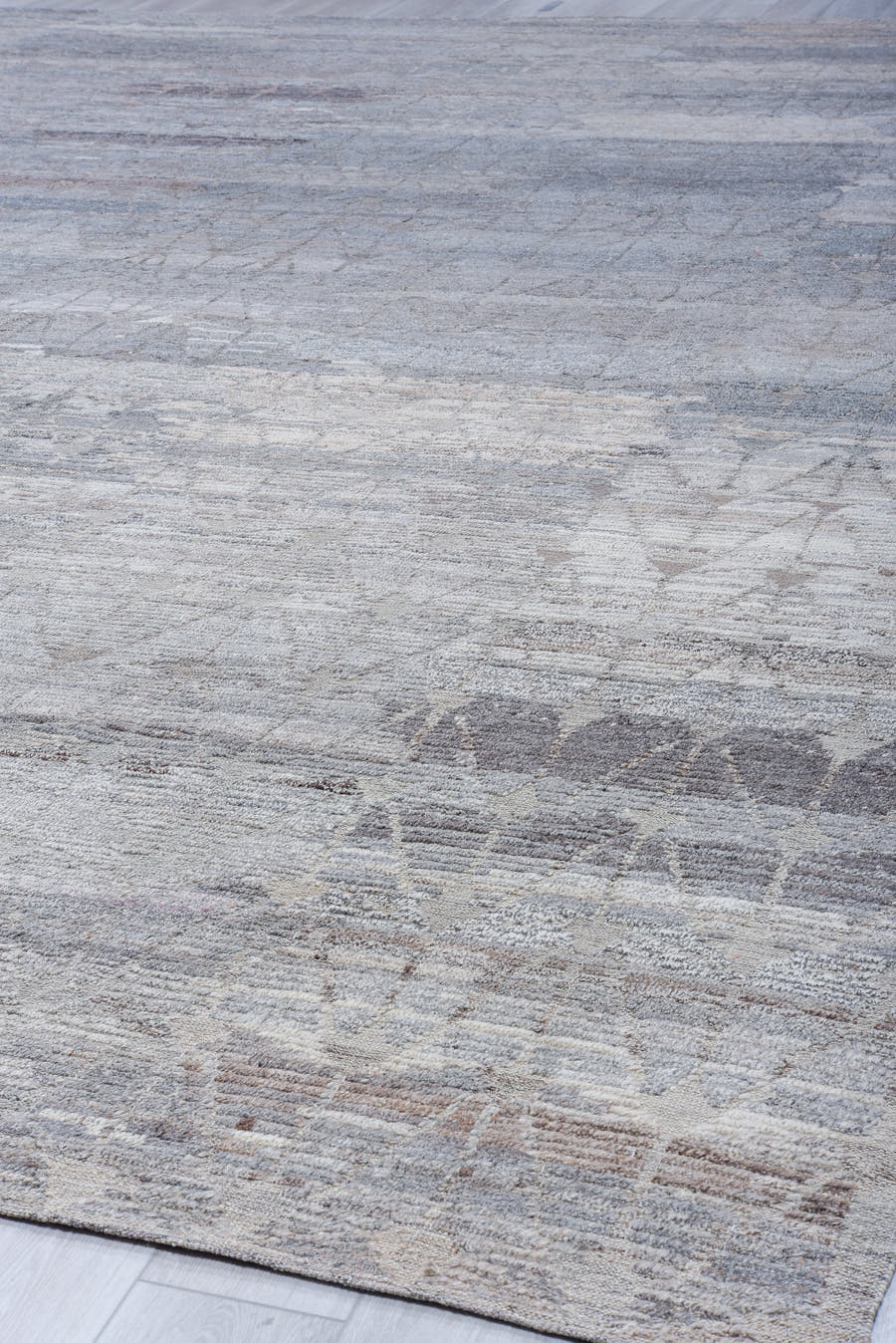 13' x 19' one-of-a-kind handmade vintage Tulu oversize rug. Color palette: ivory, blue gray, taupe, stone, greige, gray