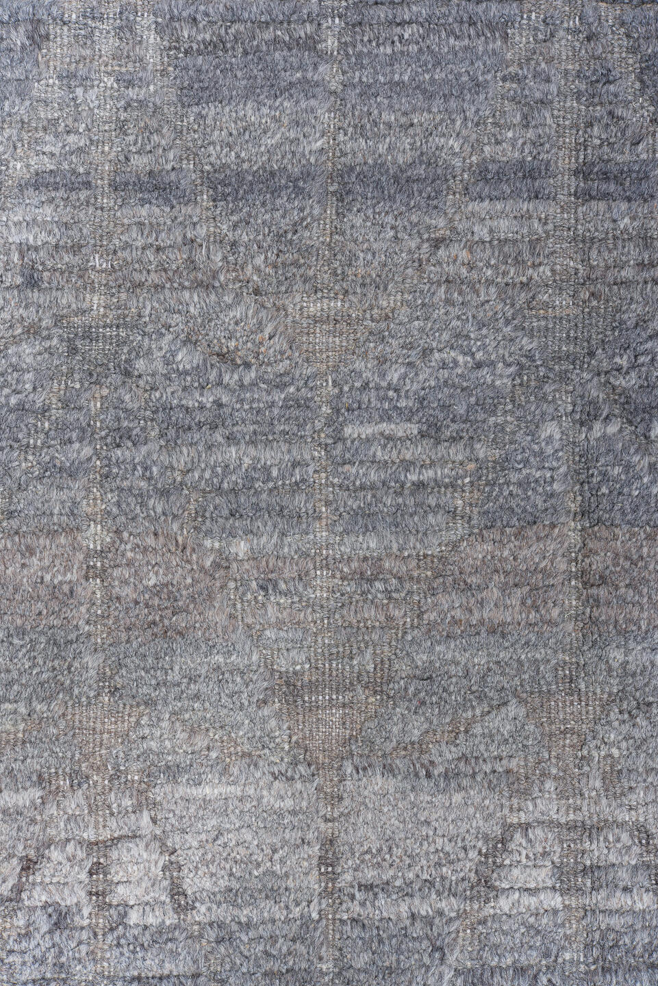 13' x 19' one-of-a-kind handmade vintage Tulu oversize rug. Color palette: ivory, blue gray, taupe, stone, greige, gray