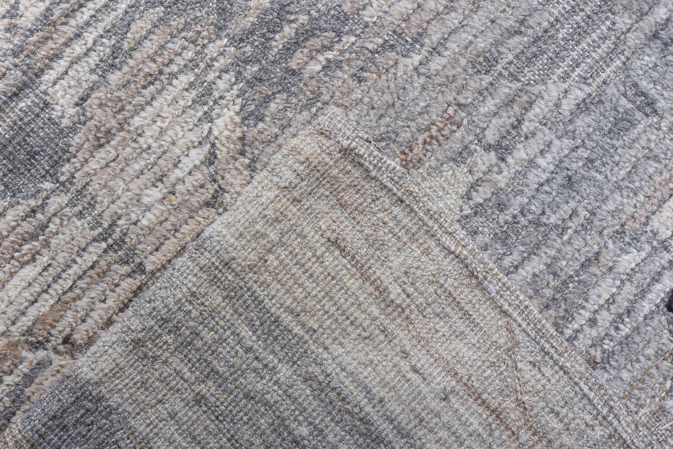 13' x 19' one-of-a-kind handmade vintage Tulu oversize rug. Color palette: ivory, blue gray, taupe, stone, greige, gray