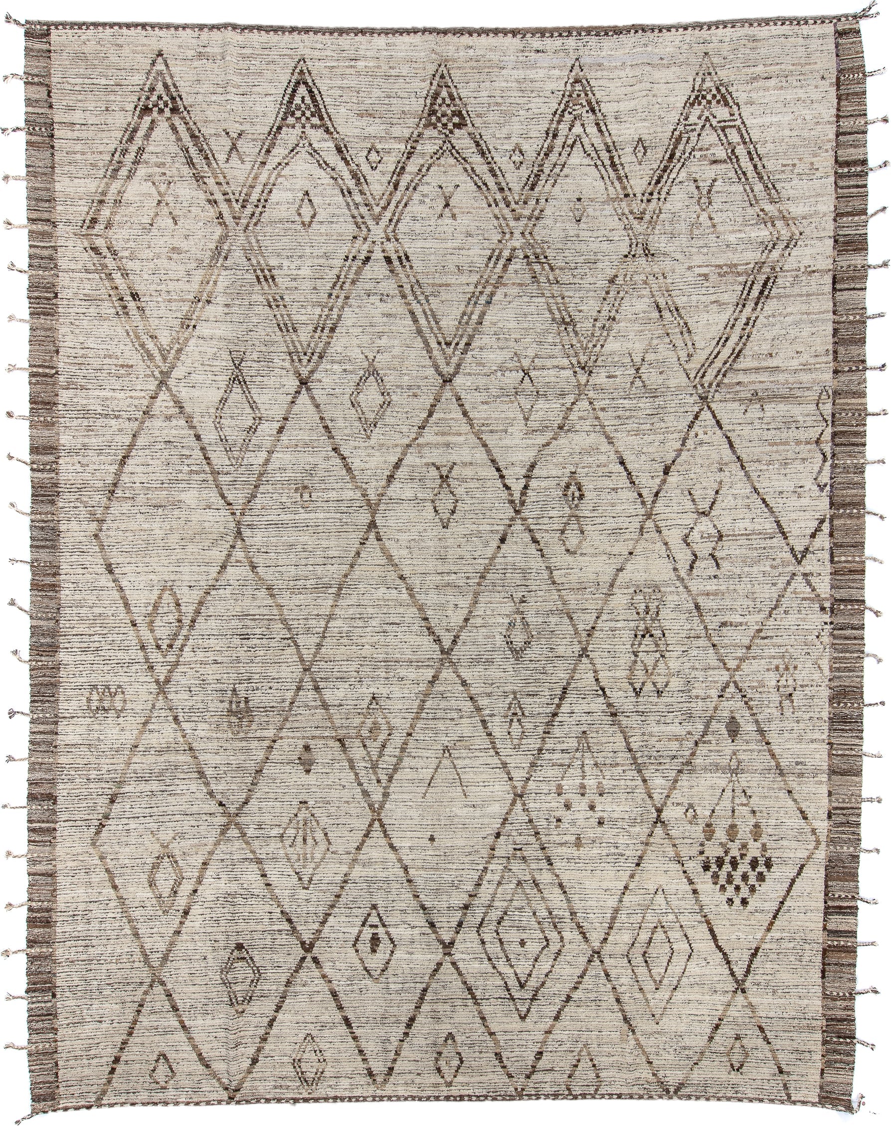 10' x 13' one-of-a-kind handmade vintage Tulu large size rug. Color palette: ivory, taupe, brown, charcoal, cream, beige