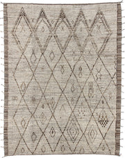 10' x 13' one-of-a-kind handmade vintage Tulu large size rug. Color palette: ivory, taupe, brown, charcoal, cream, beige