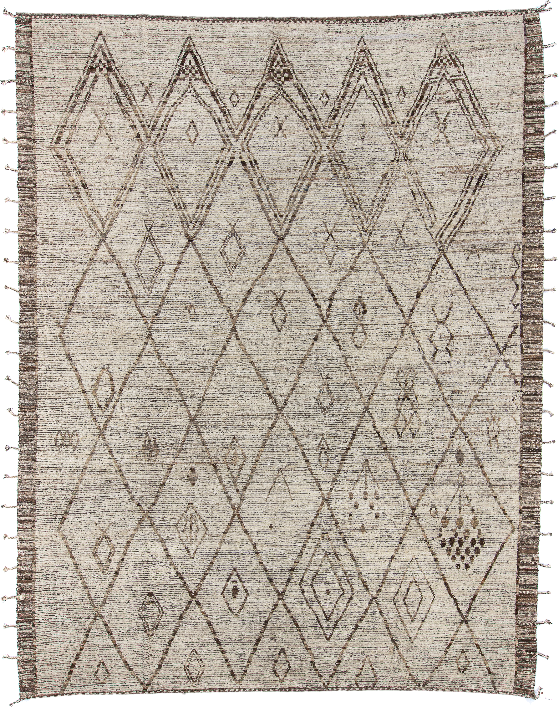 10' x 13' one-of-a-kind handmade vintage Tulu large size rug. Color palette: ivory, taupe, brown, charcoal, cream, beige