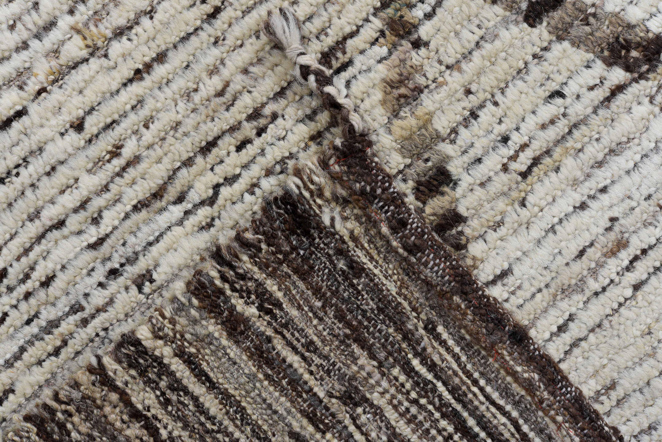 10' x 13' one-of-a-kind handmade vintage Tulu large size rug. Color palette: ivory, taupe, brown, charcoal, cream, beige
