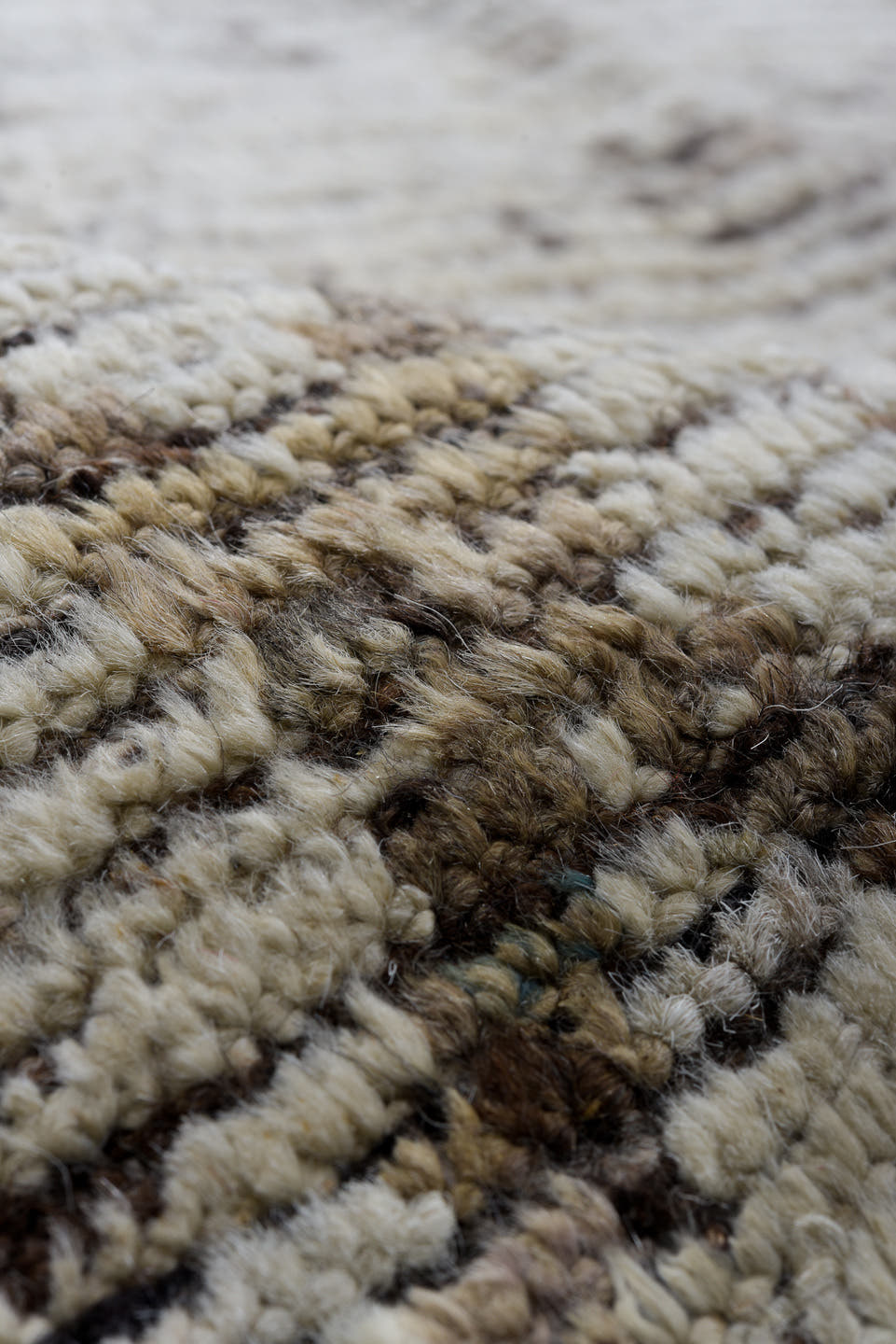 10' x 13' one-of-a-kind handmade vintage Tulu large size rug. Color palette: ivory, taupe, brown, charcoal, cream, beige