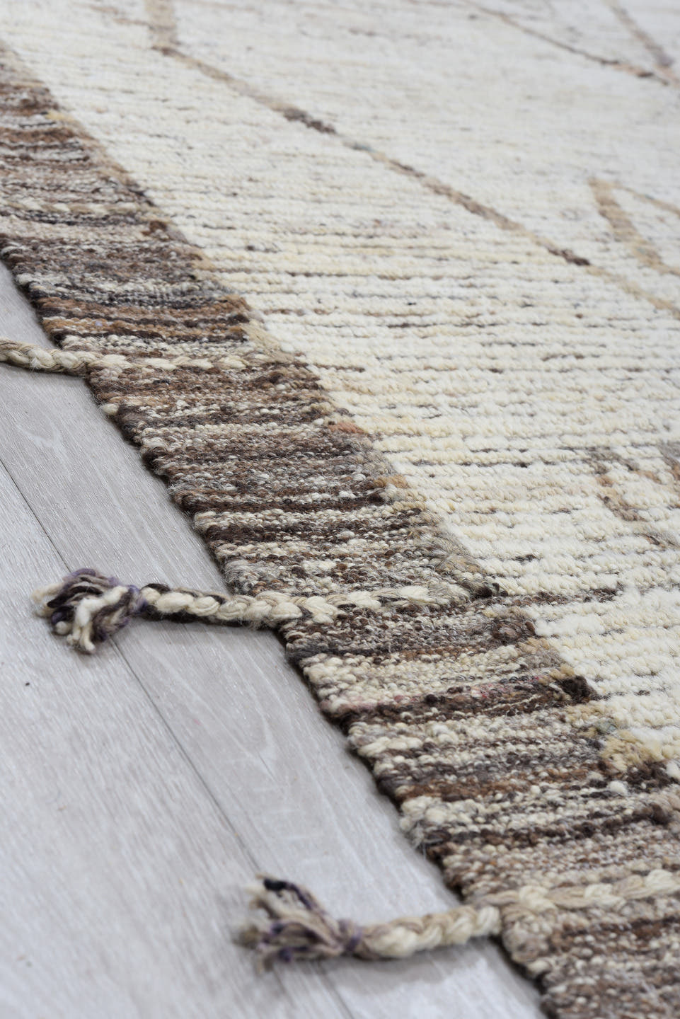 10' x 13' one-of-a-kind handmade vintage Tulu large size rug. Color palette: ivory, taupe, brown, charcoal, cream, beige